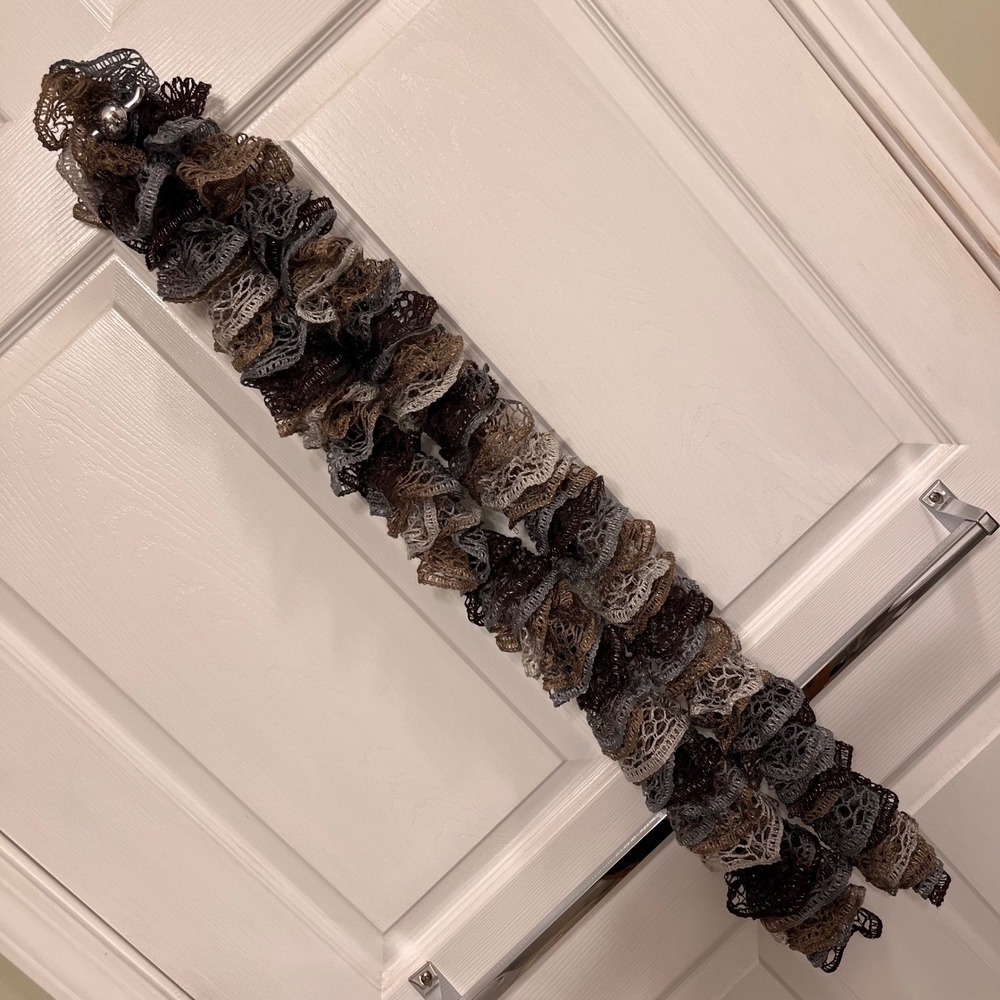Ruffle Sashay Scarf Brown Grey Metallic Mesh Knit Lace Boa Spiral
